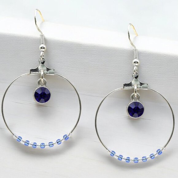 Silver Circle Hoop Blue Earrings Handmade - Picture 1 of 3